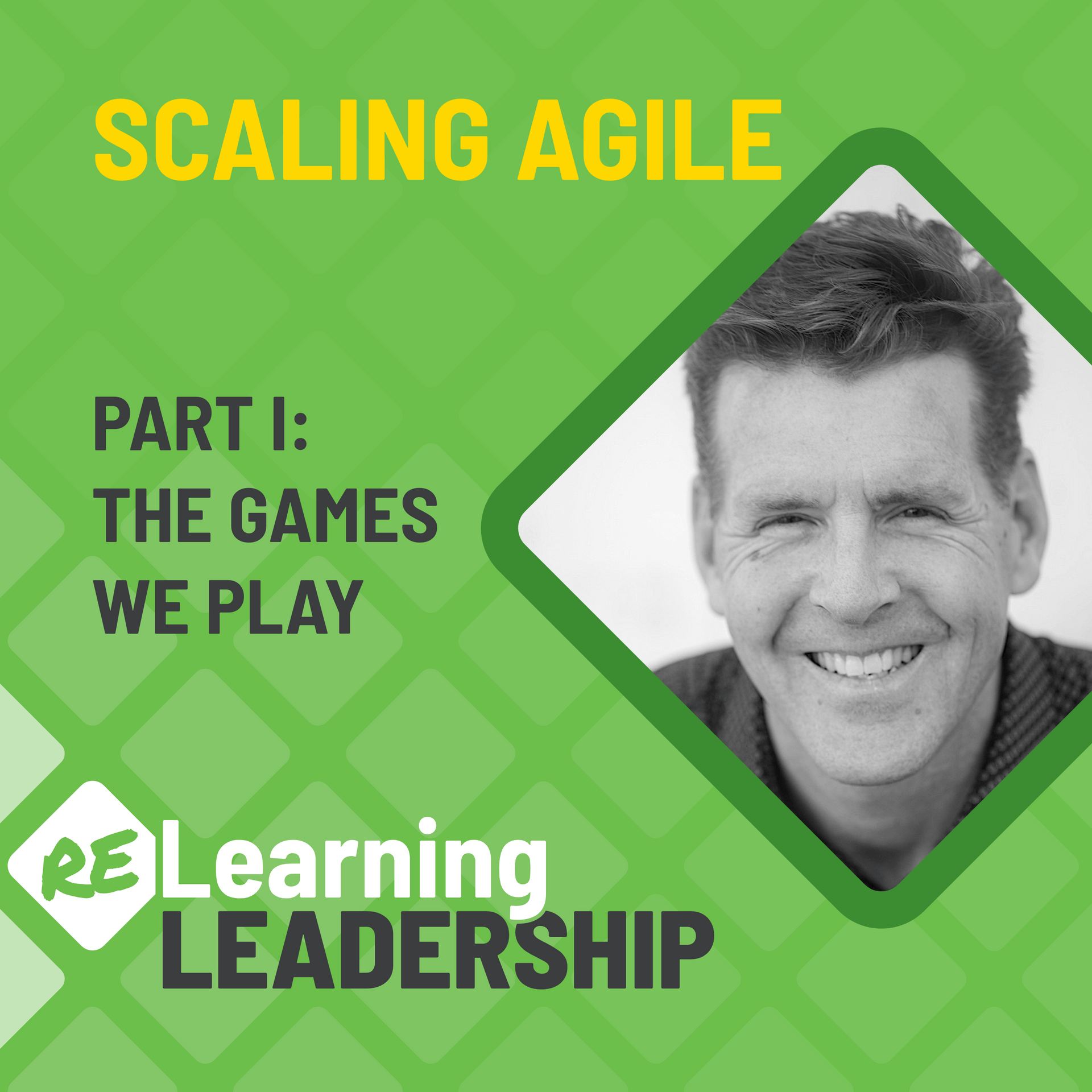 A man is smiling in front of a green background that says scaling agile