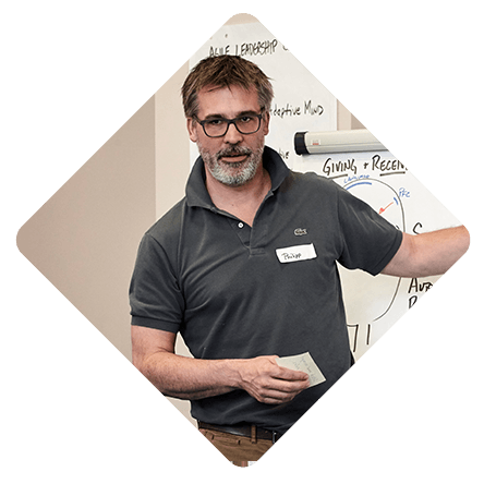 A man standing in front of a white board with the word giving on it