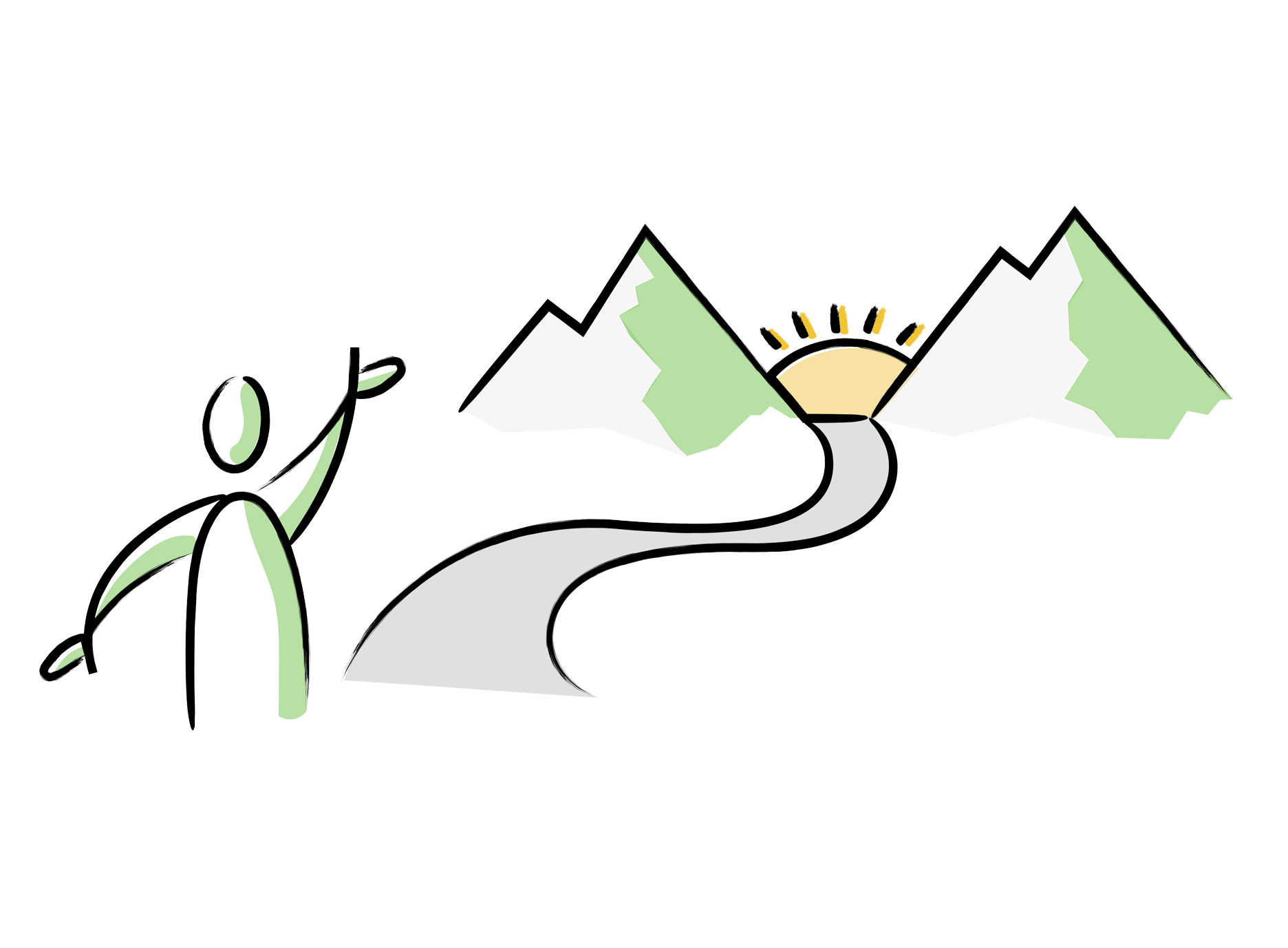 A stick figure is walking down a road with mountains in the background.