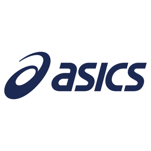 Asics 標誌：深藍色「a」字形，旁邊是深藍色的「asics」字樣。