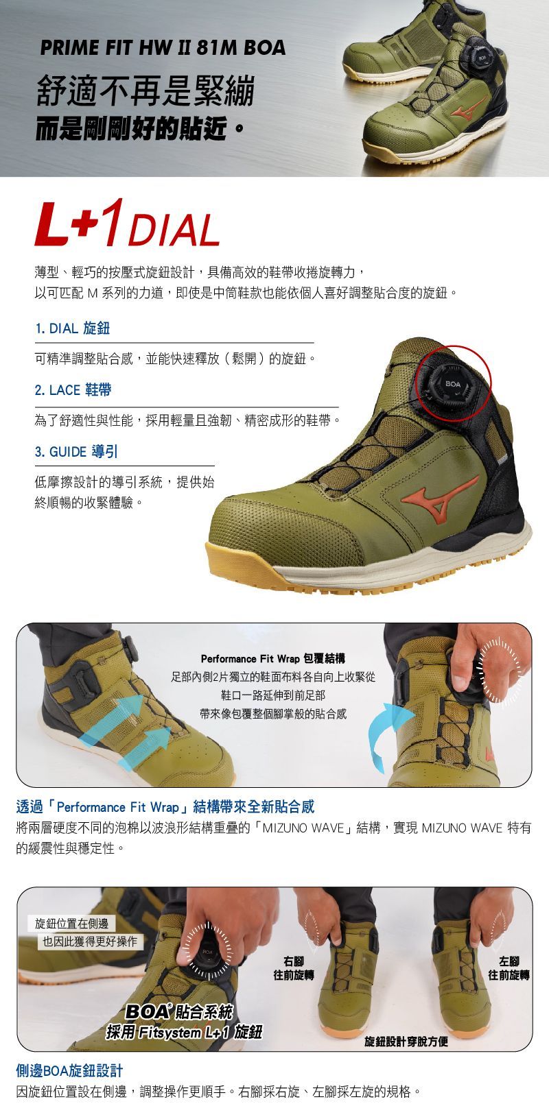 一則產品廣告,展示了緊固旋鈕的綠色工作靴,廣告文字為中文。