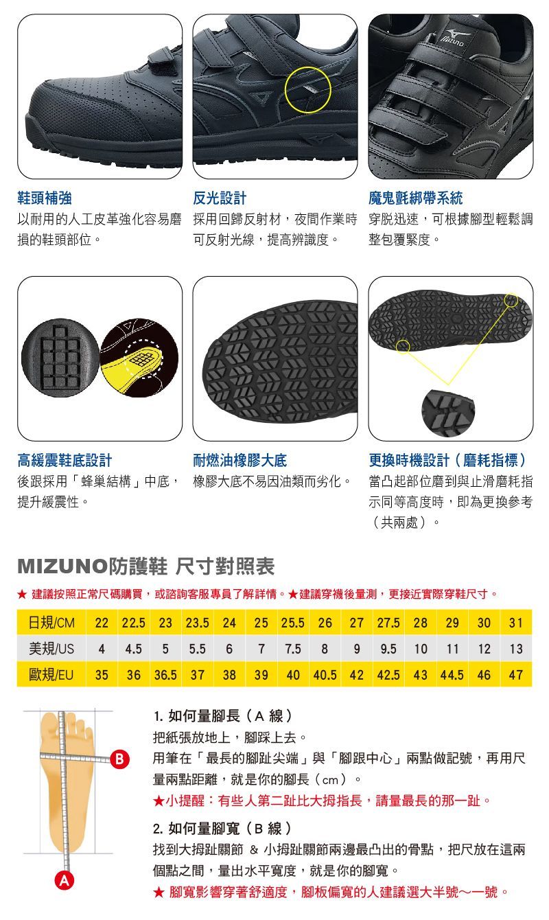 黑色安全​​鞋及尺寸表，附腳部測量說明。