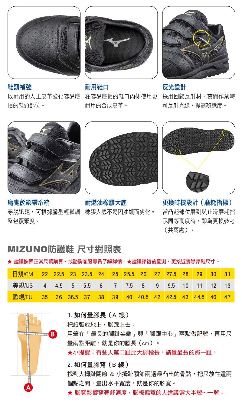 黑色美津濃運動鞋,附細部圖和尺寸表。