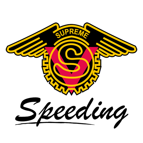 標誌“Supreme Speeding”：齒輪中的紅色“S”，翅膀，以及文字“Supreme”。
