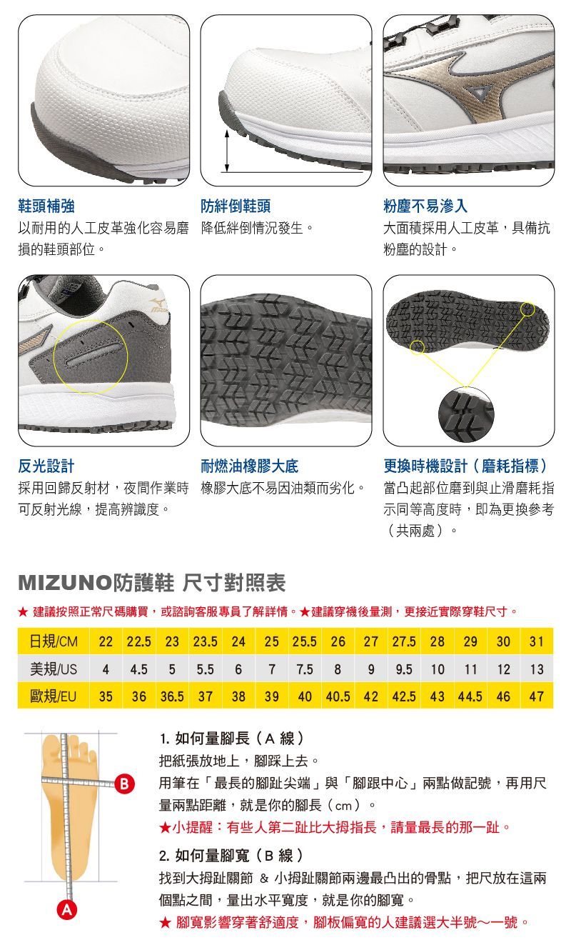鞋子的詳細特徵和尺寸表。