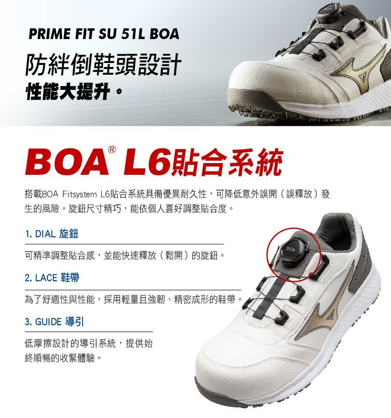 白色工作鞋,搭配「BOA L6」繫帶系統和中文文字。