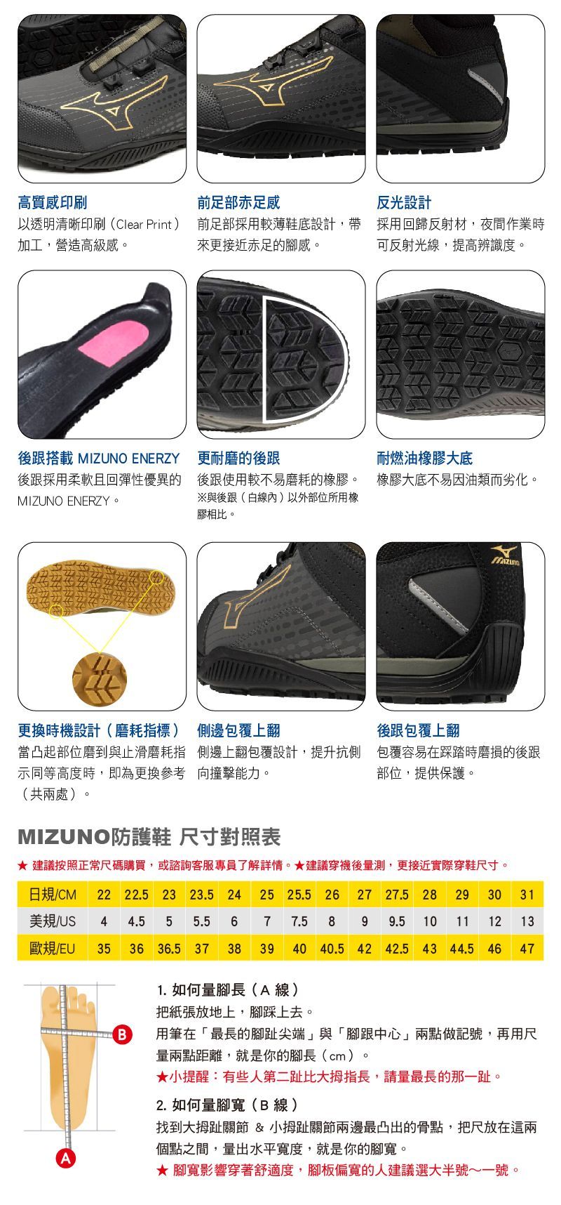 黑色安全鞋,金色點綴,產品詳情圖。包含尺寸表和腳型示意圖。