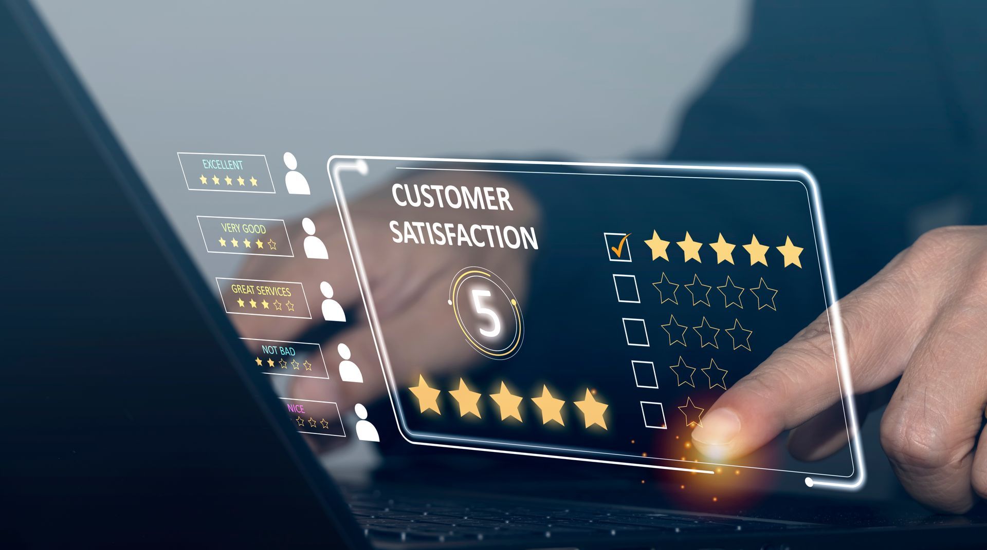 A hand interacts with a holographic interface displaying a five-star customer satisfaction rating on a laptop.