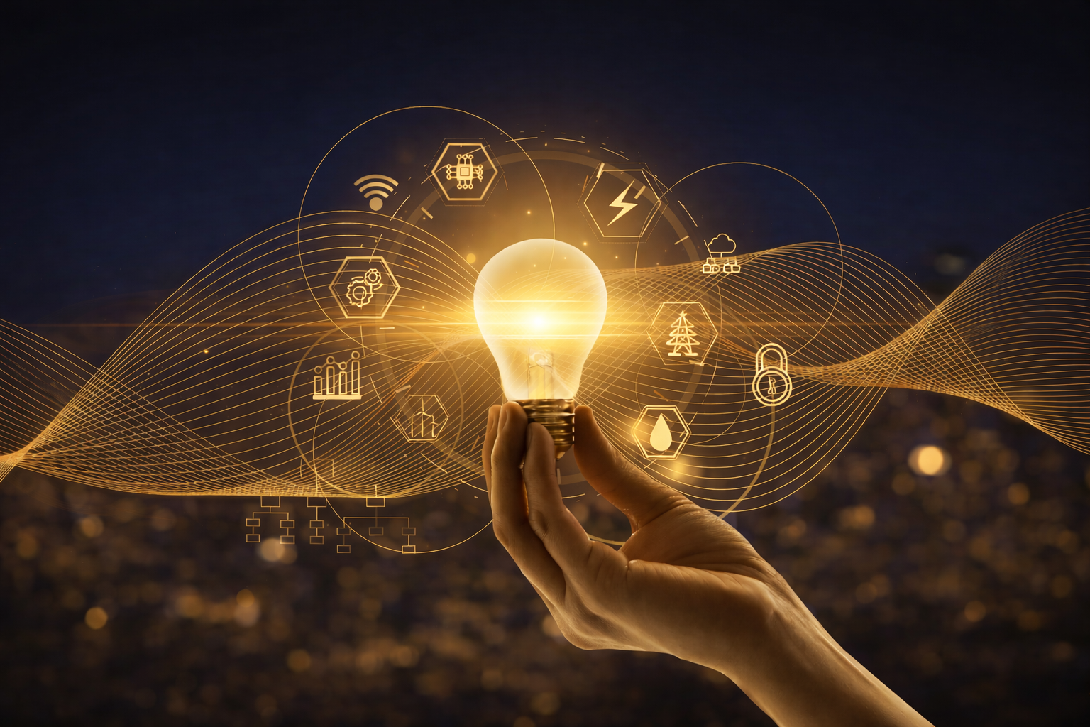 A hand holds a glowing lightbulb surrounded by a digital network of icons against a dark, blurred city background.