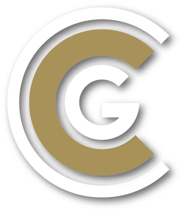 A logo featuring a white letter 
