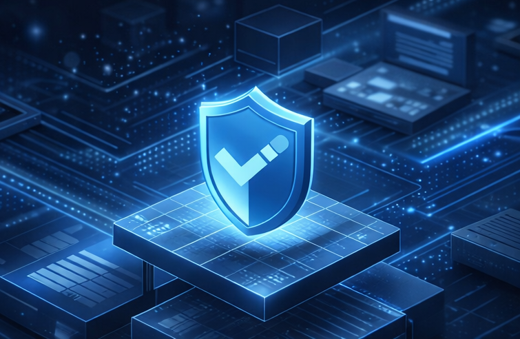 A glowing blue shield with a checkmark icon, centered on a digital grid background, representing cybersecurity.