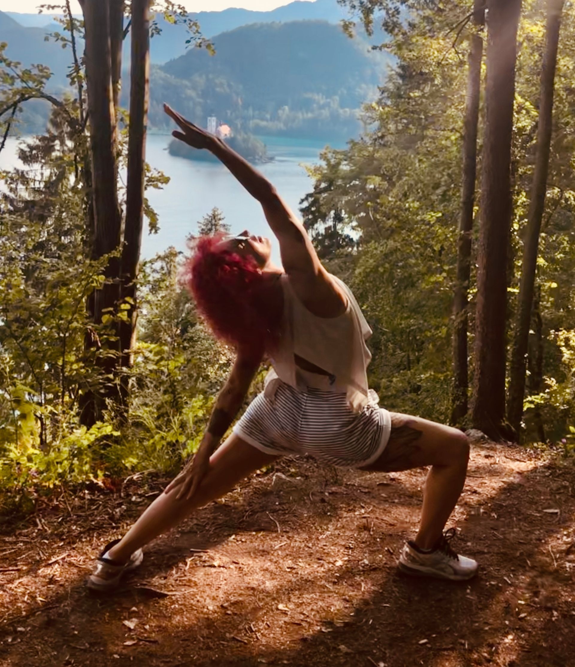 Yoga in a forest with lake view