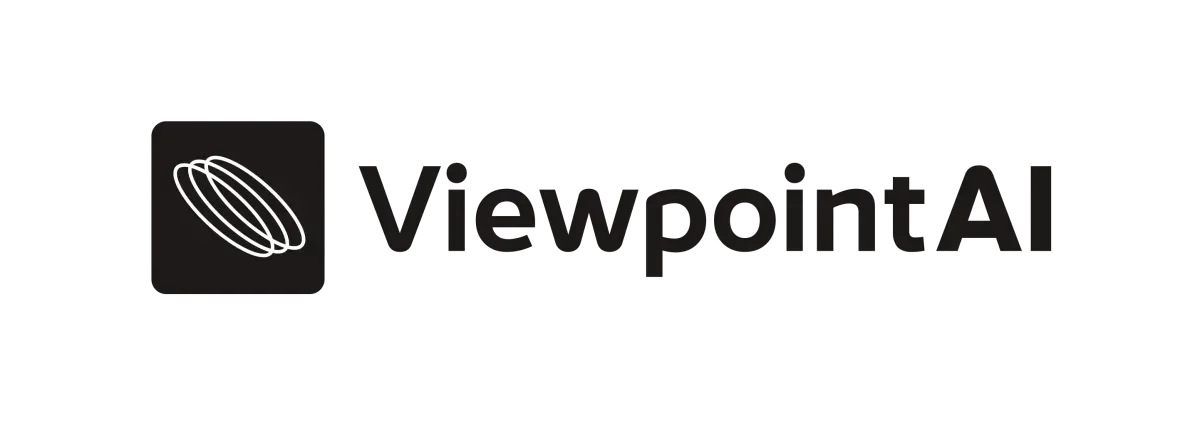 A black and white logo for viewpoint al with a circle in the middle.