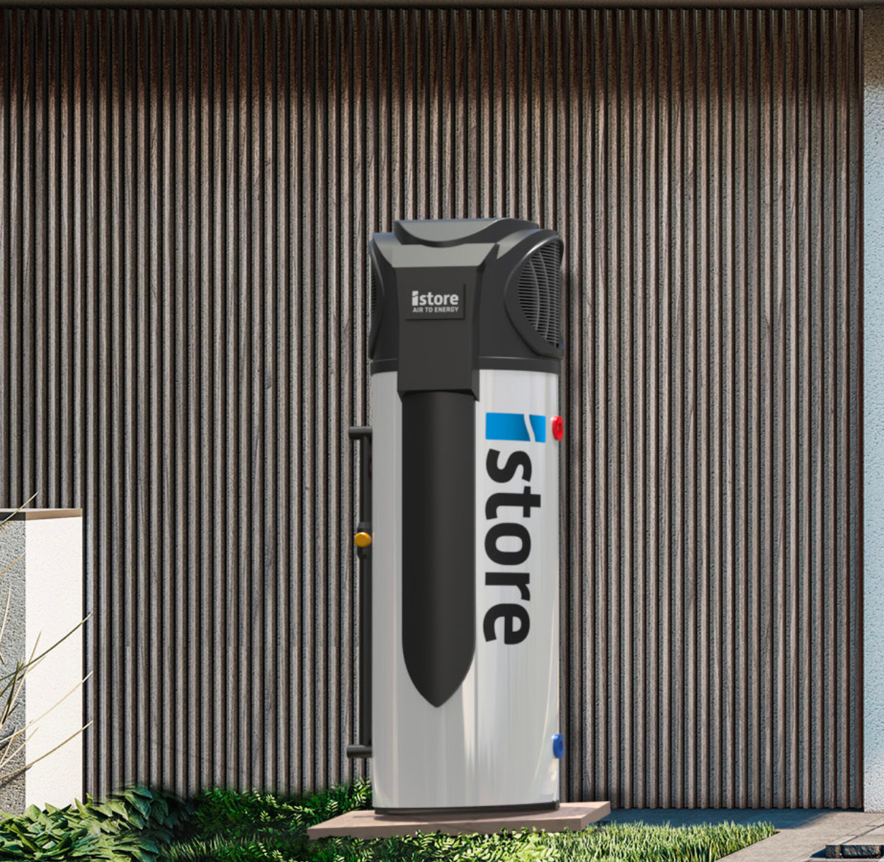 A silver and black iStore water heater against a wooden wall, sitting on a concrete slab.