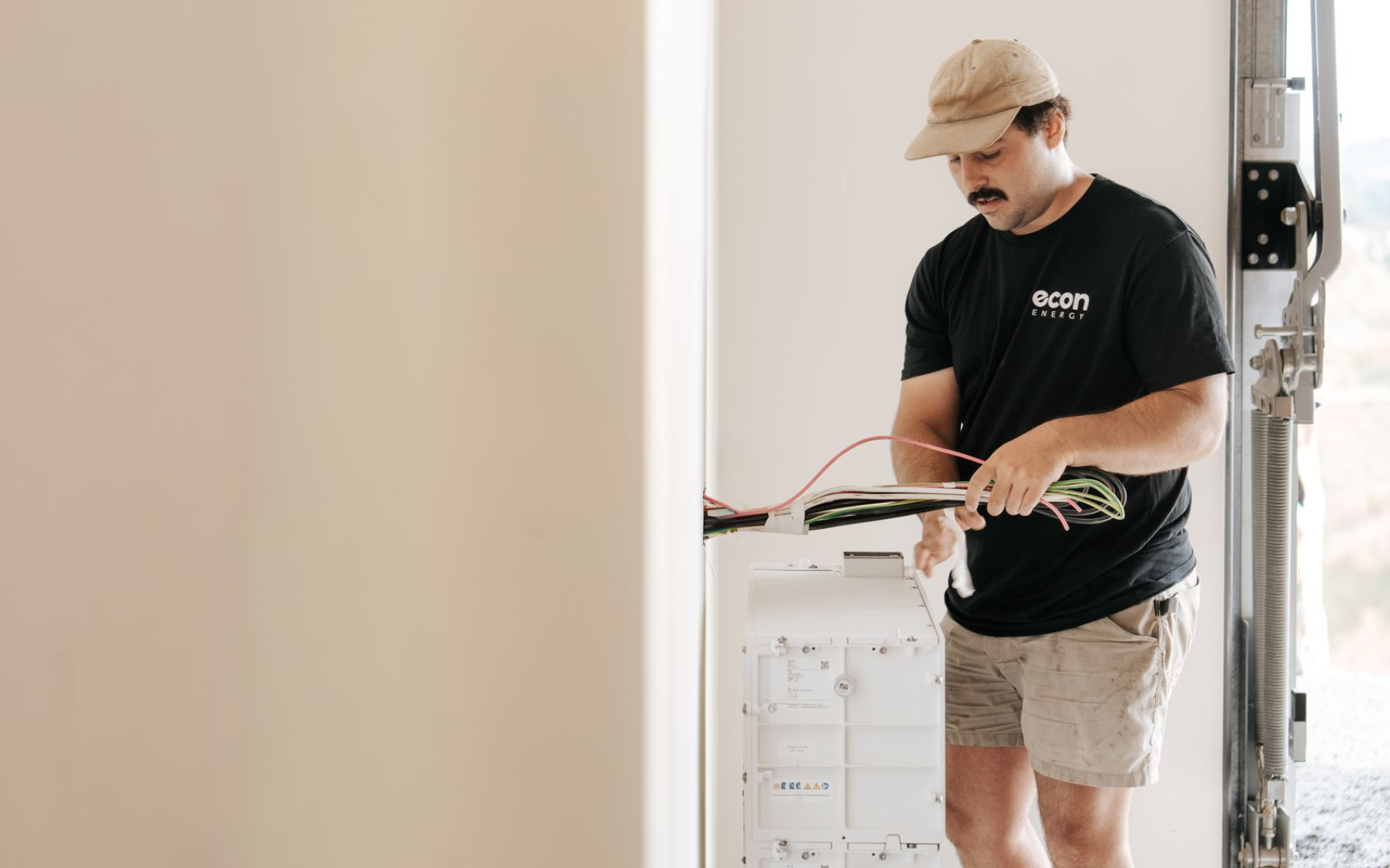 Technician installing home battery system wiring