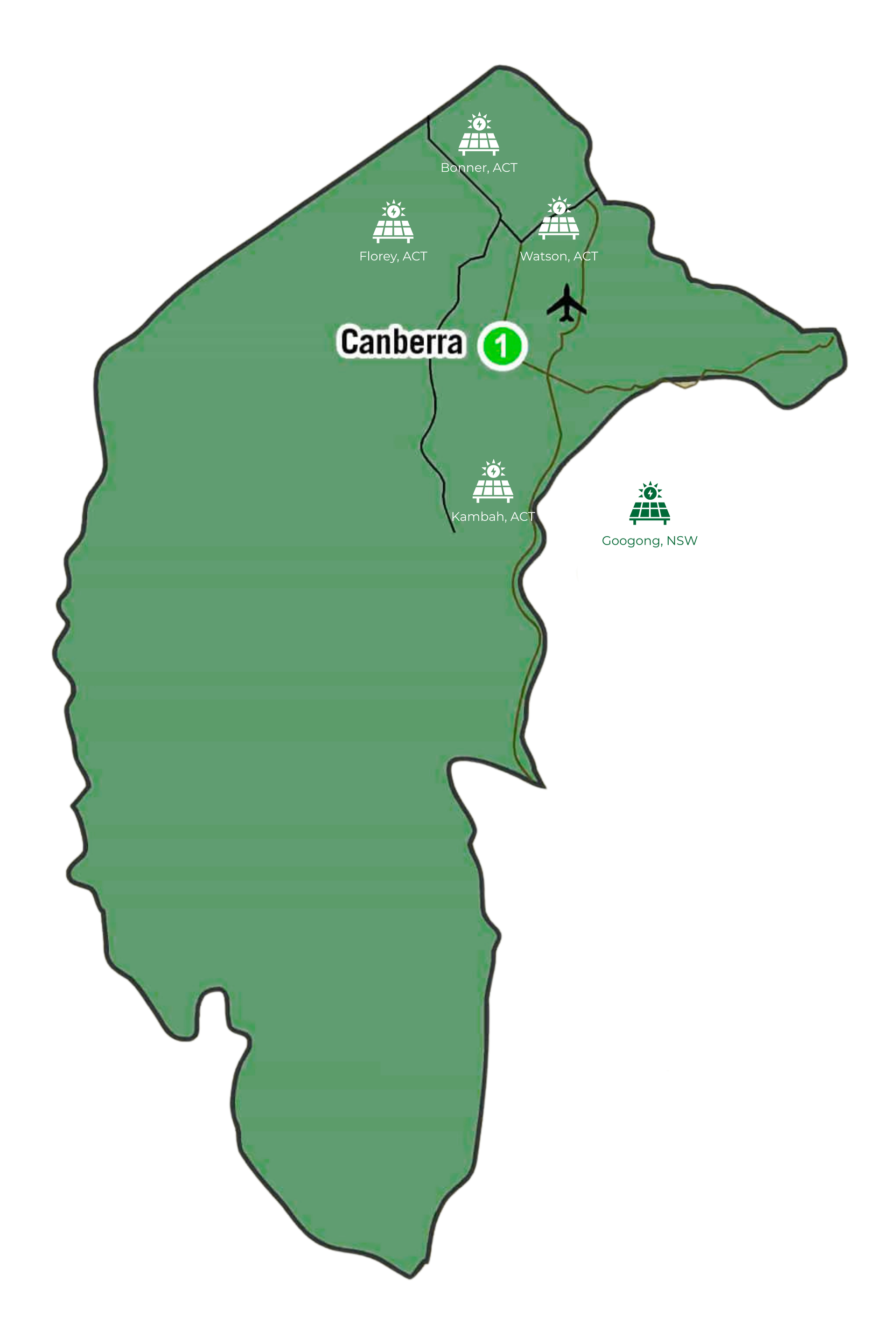A green map outline of Canberra, Australia, featuring a location marker, a solar panel icon indicating serviced areas, and a small airplane icon.