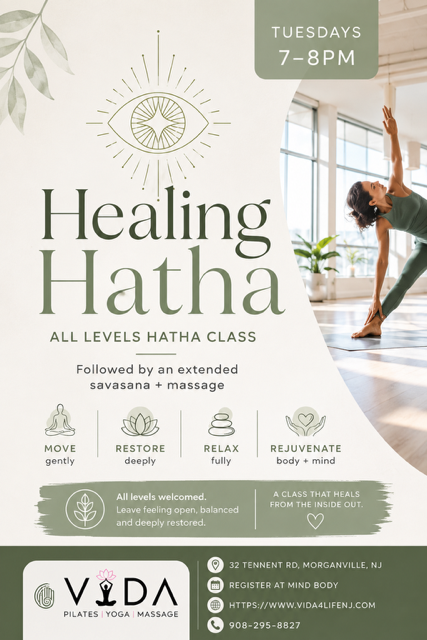 Purple yoga class flyer for fascia stretch yoga for backs and hips, Tuesdays at 7:00 PM, with two stretching figures