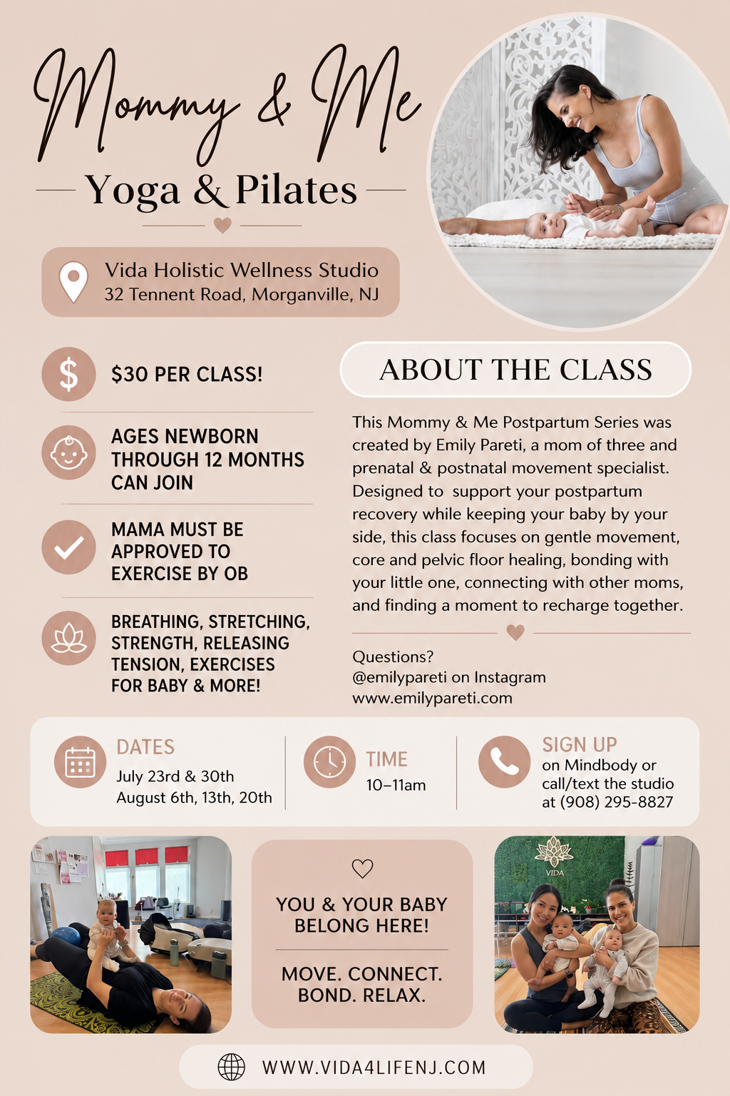 Mommy & Me Yoga & Pilates flyer with class details, photos, and beige-pink design
