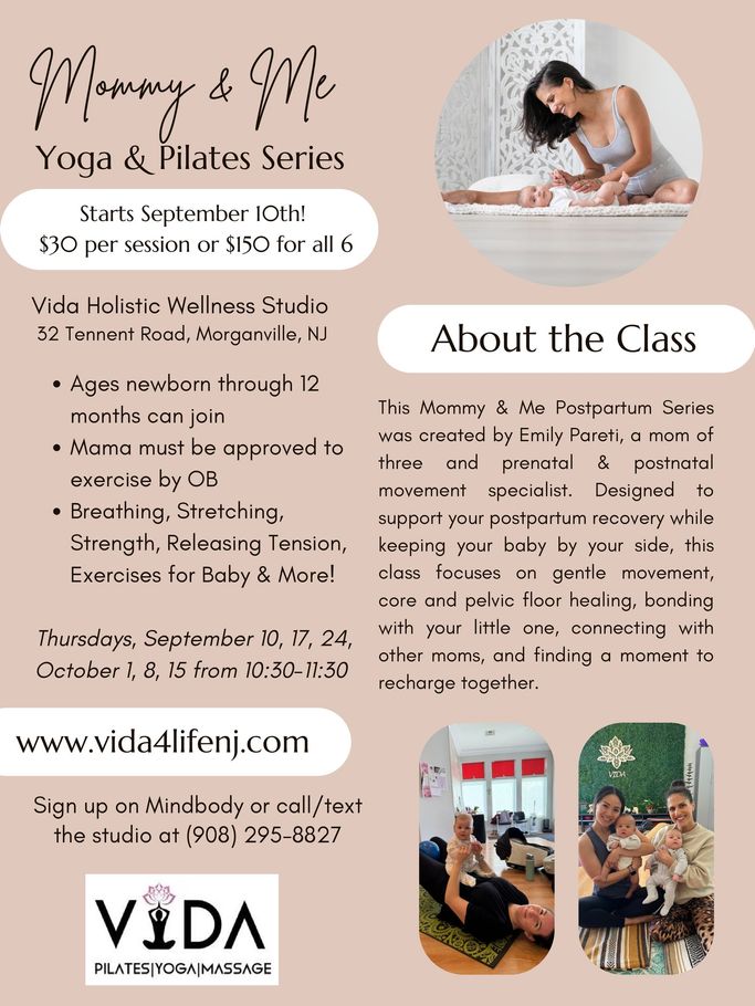 Promotional flyer for V Vida yoga and Pilates classes, with class details, website, and studio photos