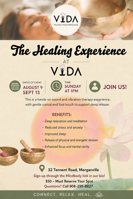 Flyer for “The Healing Experience” by VIDA with event date, benefits, location, and “Join Us” call to action