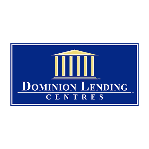 The logo for dominion lending centres is a blue sign with a building on it.