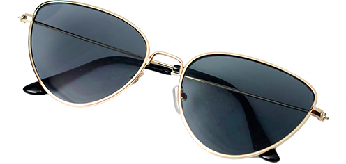 A pair of sunglasses with a gold frame and black lenses on a white background.