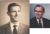 Two headshots of the same person: a younger version in a light suit and an older version wearing glasses and a suit.