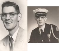 Two black-and-white portraits of the same person: one in a suit and tie, the other in a police uniform with a peaked cap.