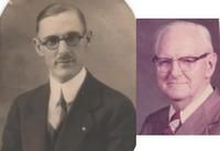 Two portraits of the same person: a sepia-toned headshot on the left and a tinted portrait of an older person on the right.