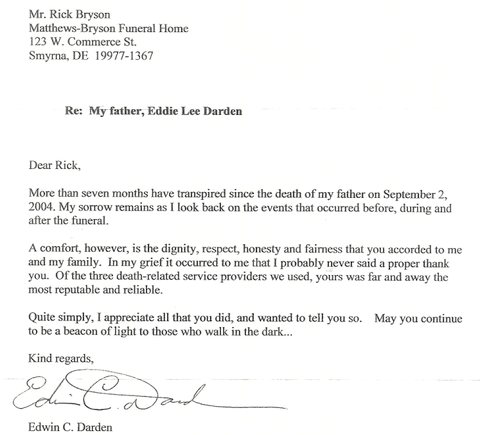 A formal letter of appreciation written to a funeral home director regarding the services for Edwin C. Darden's father.