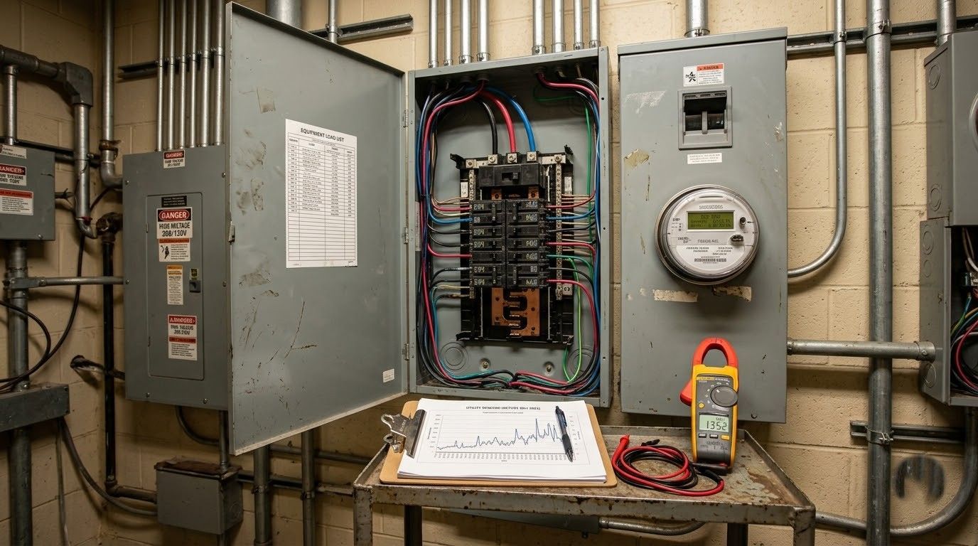 Open electrical panel with wiring, meters, and test leads in a utility room