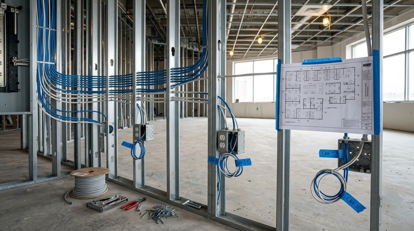 Construction site interior with exposed wall framing, blue electrical wiring, and a mounted floor plan.