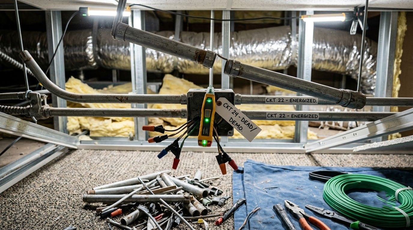 Robot on a metal-framed construction site with pipes, tools, and coiled hoses in the foreground
