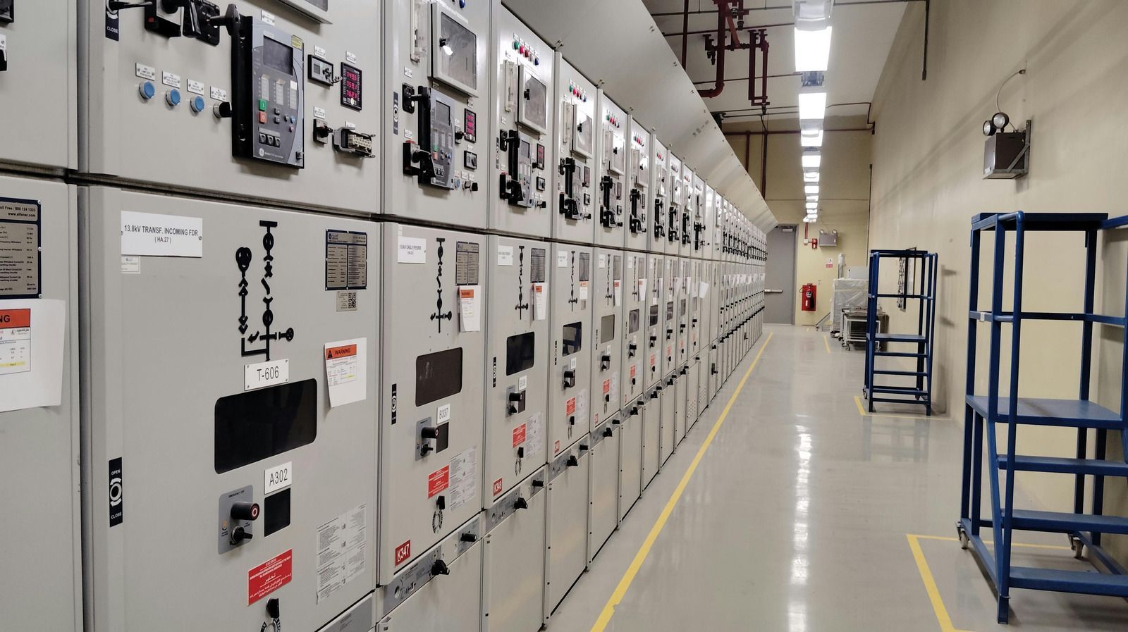 Long row of white electrical control panels in an industrial corridor with blue rolling carts.