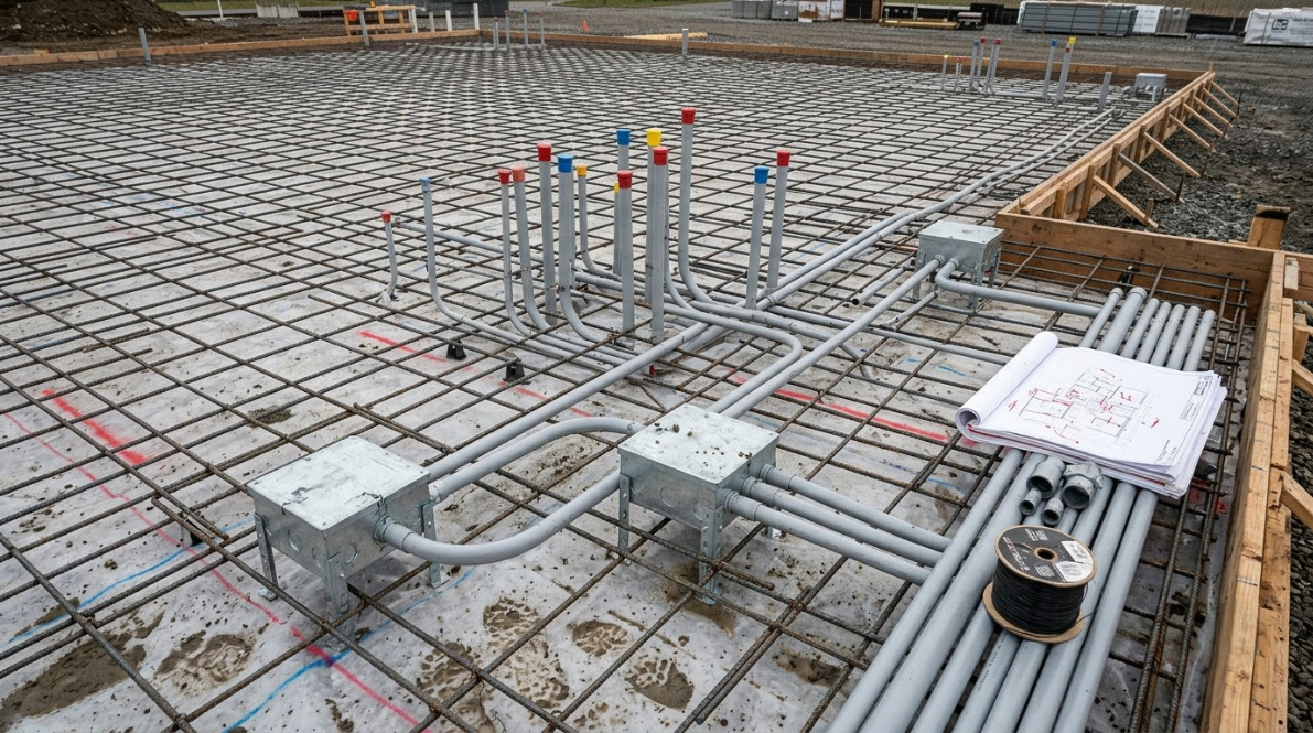 Steel rebar grid and electrical conduits on a construction site slab, with utility boxes and pipes.