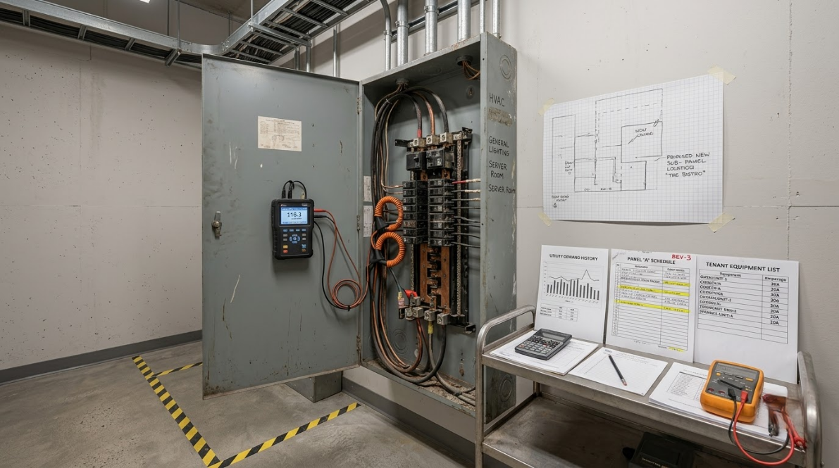 Open electrical control panel in utility room, with diagrams and paperwork on a nearby table.