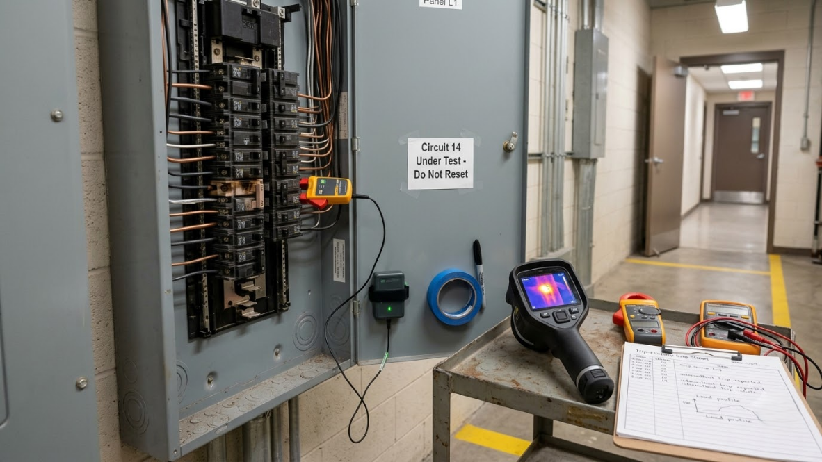 Electrical panel open in a utility hallway, with a thermal camera on a worktable and inspection paperwork.