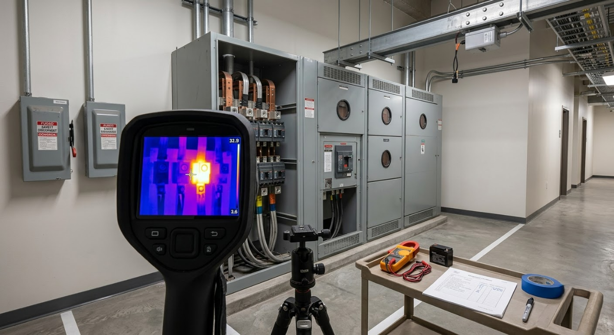 Thermal camera view of an electrical control room with cabinets, cables, and a workbench.