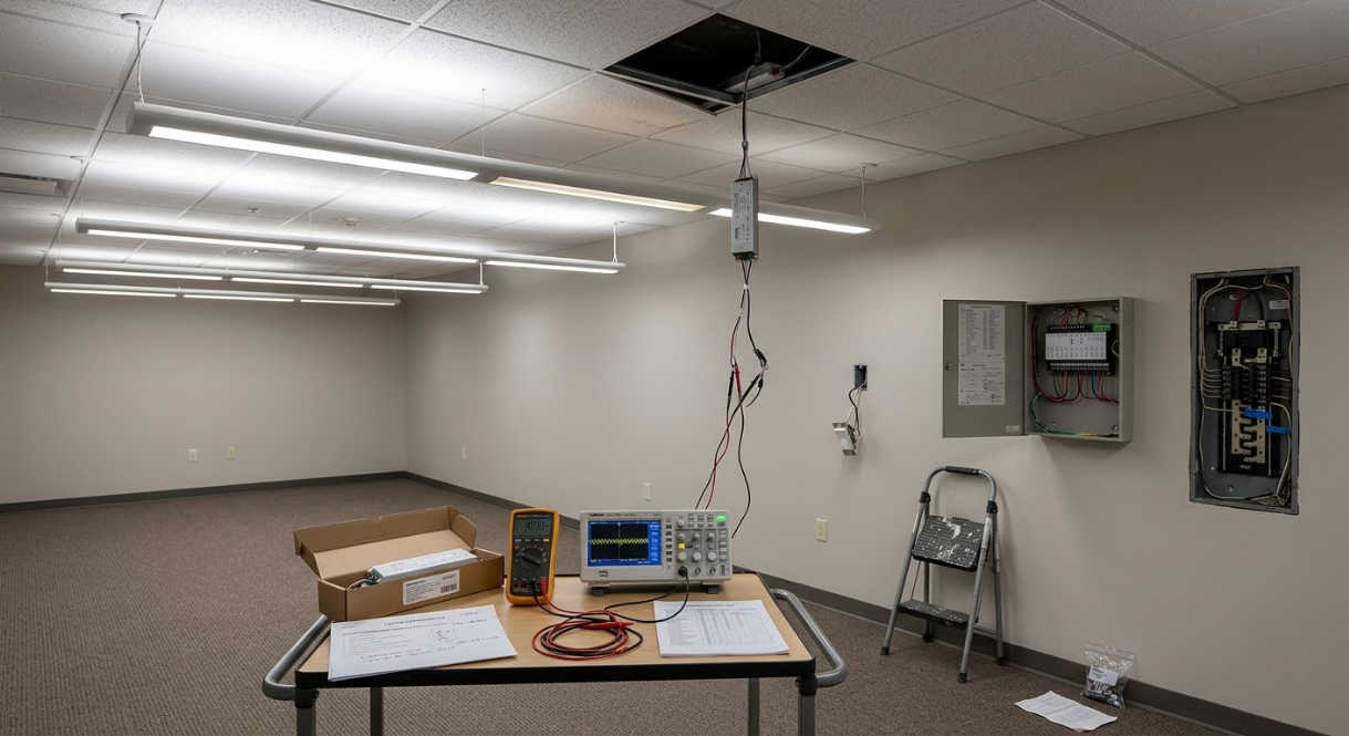 Empty room with ceiling work lights, exposed wiring, and a table with electronics and tools near electrical panels.