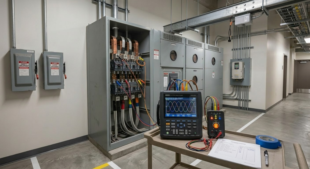 Electrical control room with open switchgear cabinets, wiring, and a test meter on a workbench.
