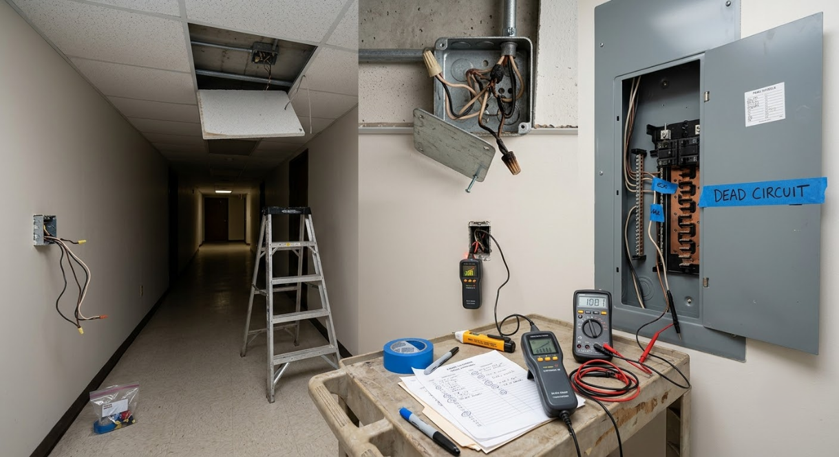 Hallway under electrical repair with ladder, open ceiling panels, and tools on a work table