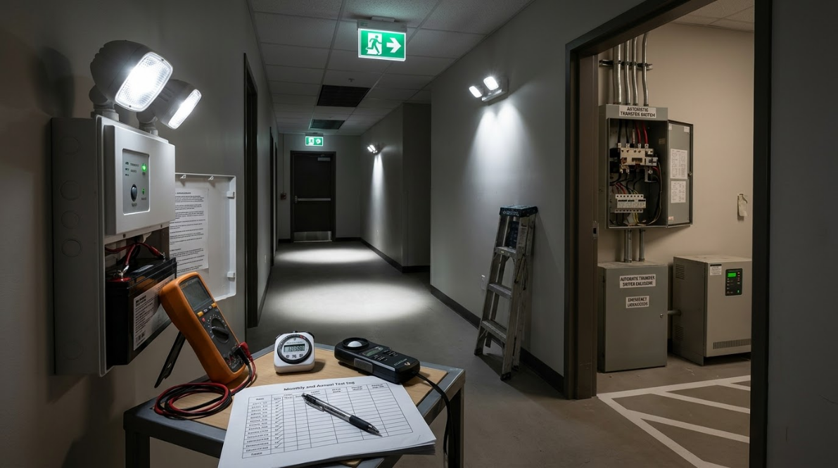 Dim hallway with open electrical panel, tools on a table, and exit sign above a dark corridor.