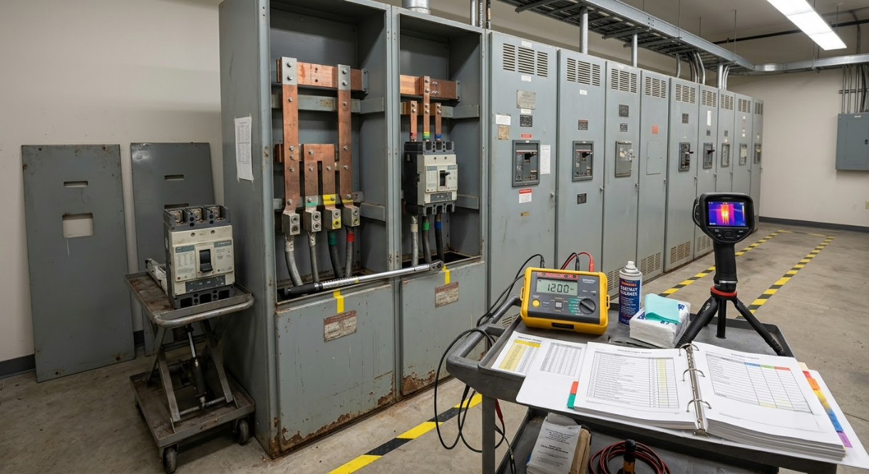 Industrial electrical control room with gray panels, wiring, and a workbench holding documents and a thermal camera.