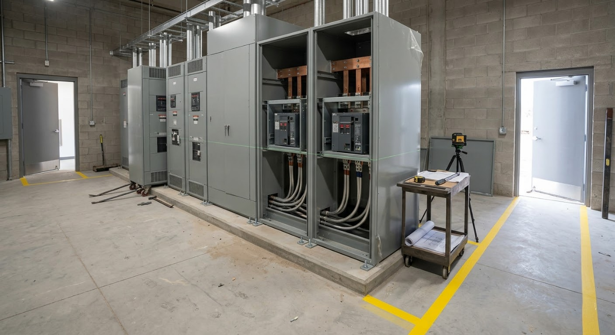 Industrial electrical room with metal switchgear cabinets and exposed wiring in a concrete basement.