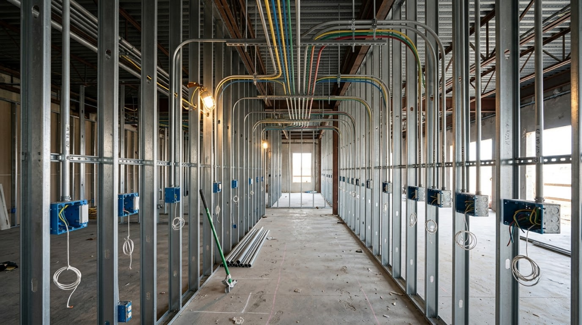 Unfinished building interior with exposed metal framing, wiring, and a long central hallway under construction