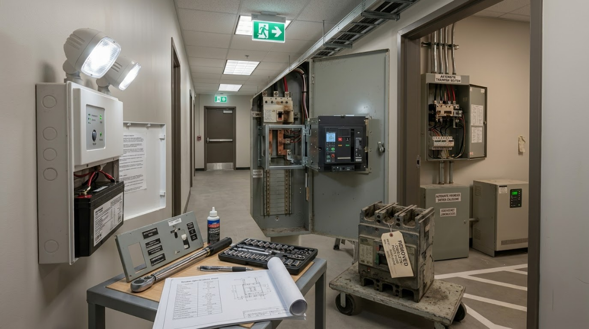 Industrial corridor with electrical panels, equipment carts, and an open utility room door
