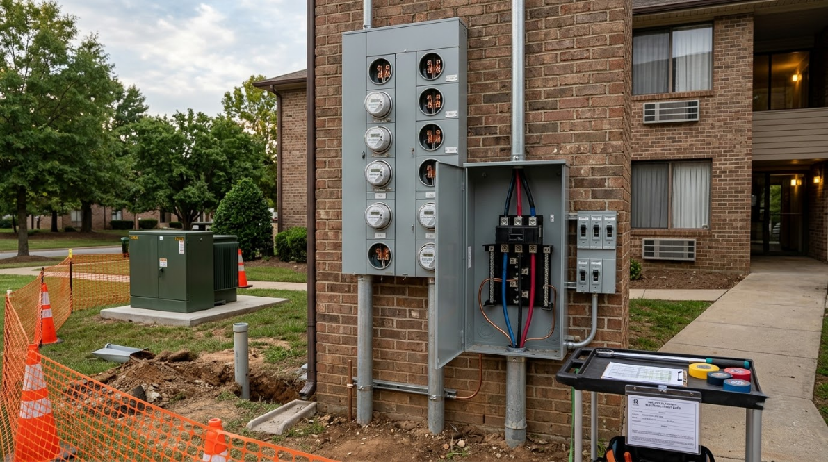Electrical meters and service panels mounted on a brick townhouse exterior, with utility work area nearby.