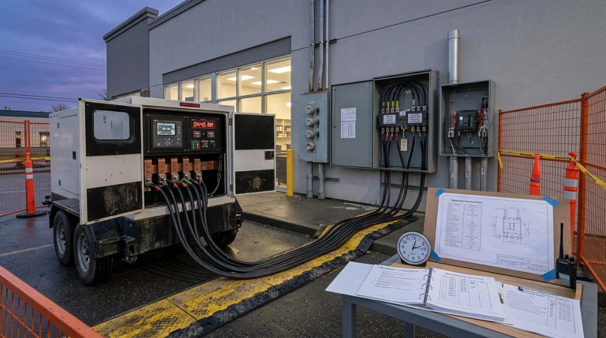 Portable power generator parked outside a building, with cables running to an electrical panel at dusk