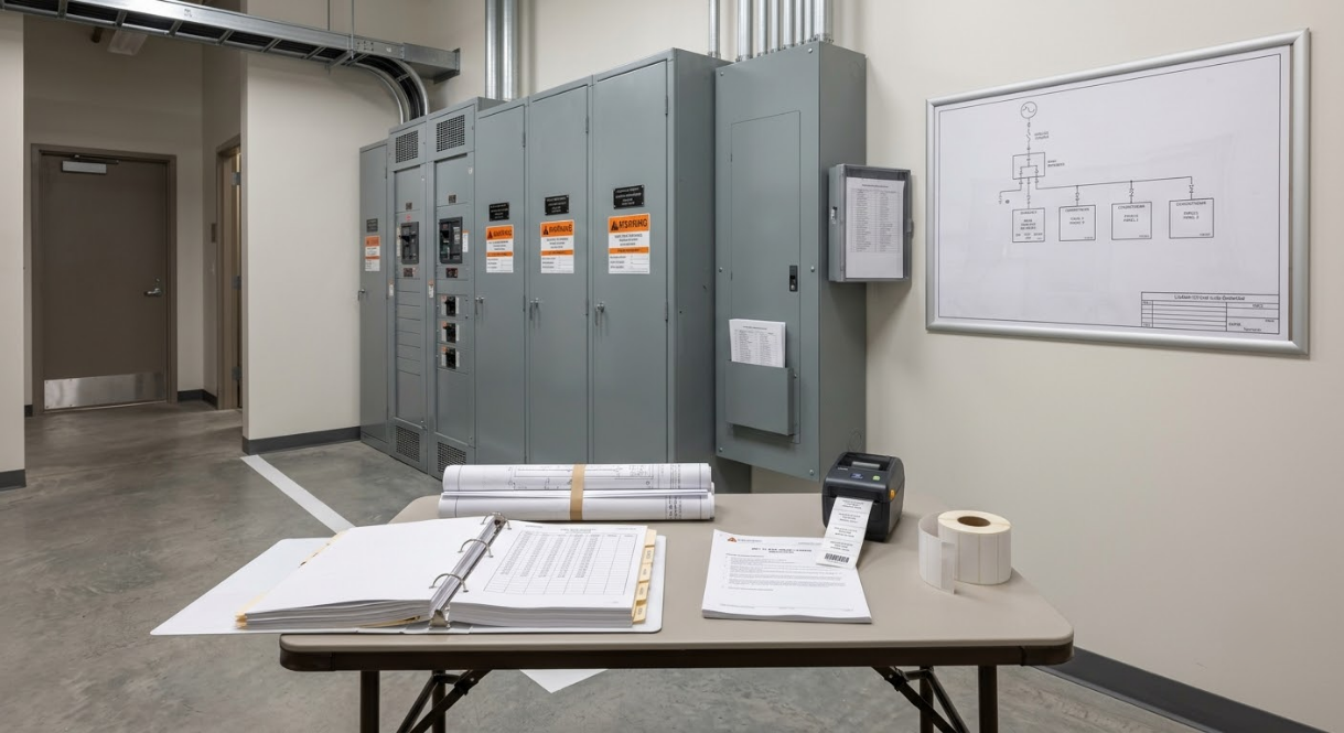 Industrial room with electrical panels, a table of papers, and a whiteboard in the background