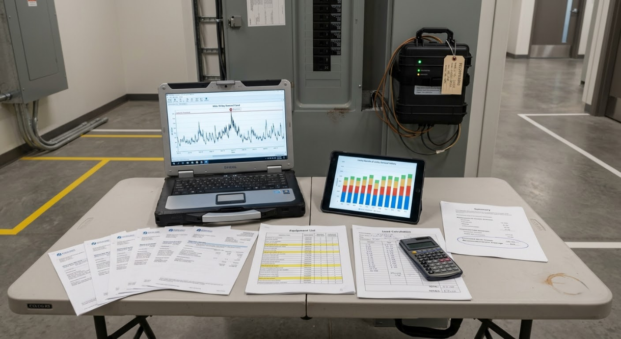Table with laptop and tablet displaying charts, papers spread out in an industrial hallway.